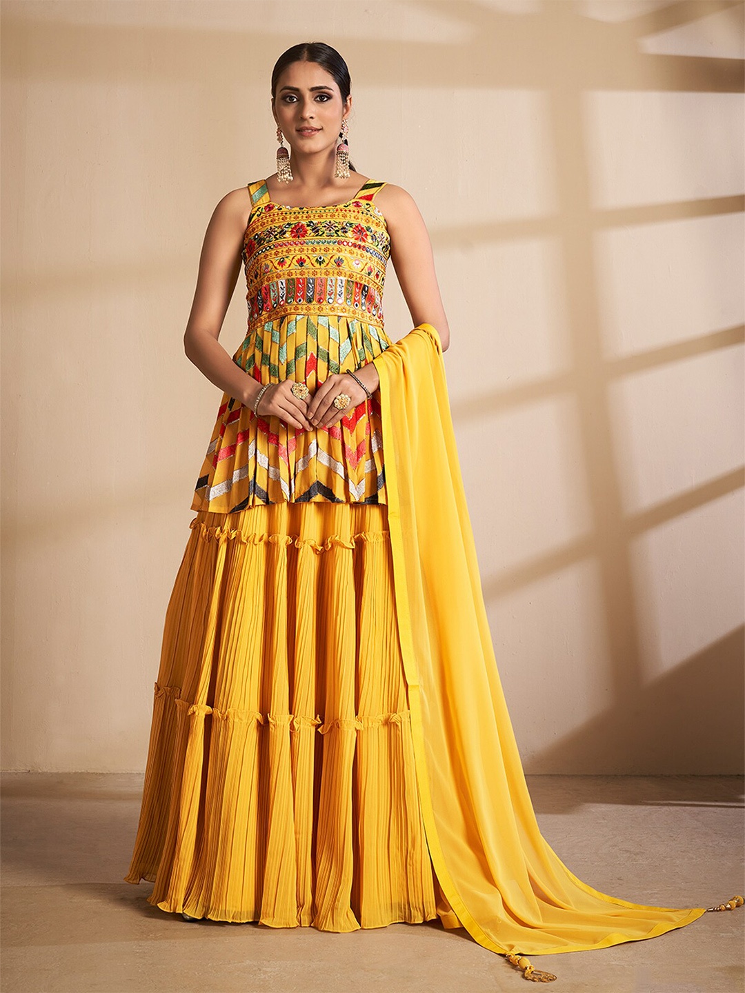 

ODETTE Mustard & Red Embroidered Thread Work Semi-Stitched Lehenga & Unstitched Blouse With Dupatta