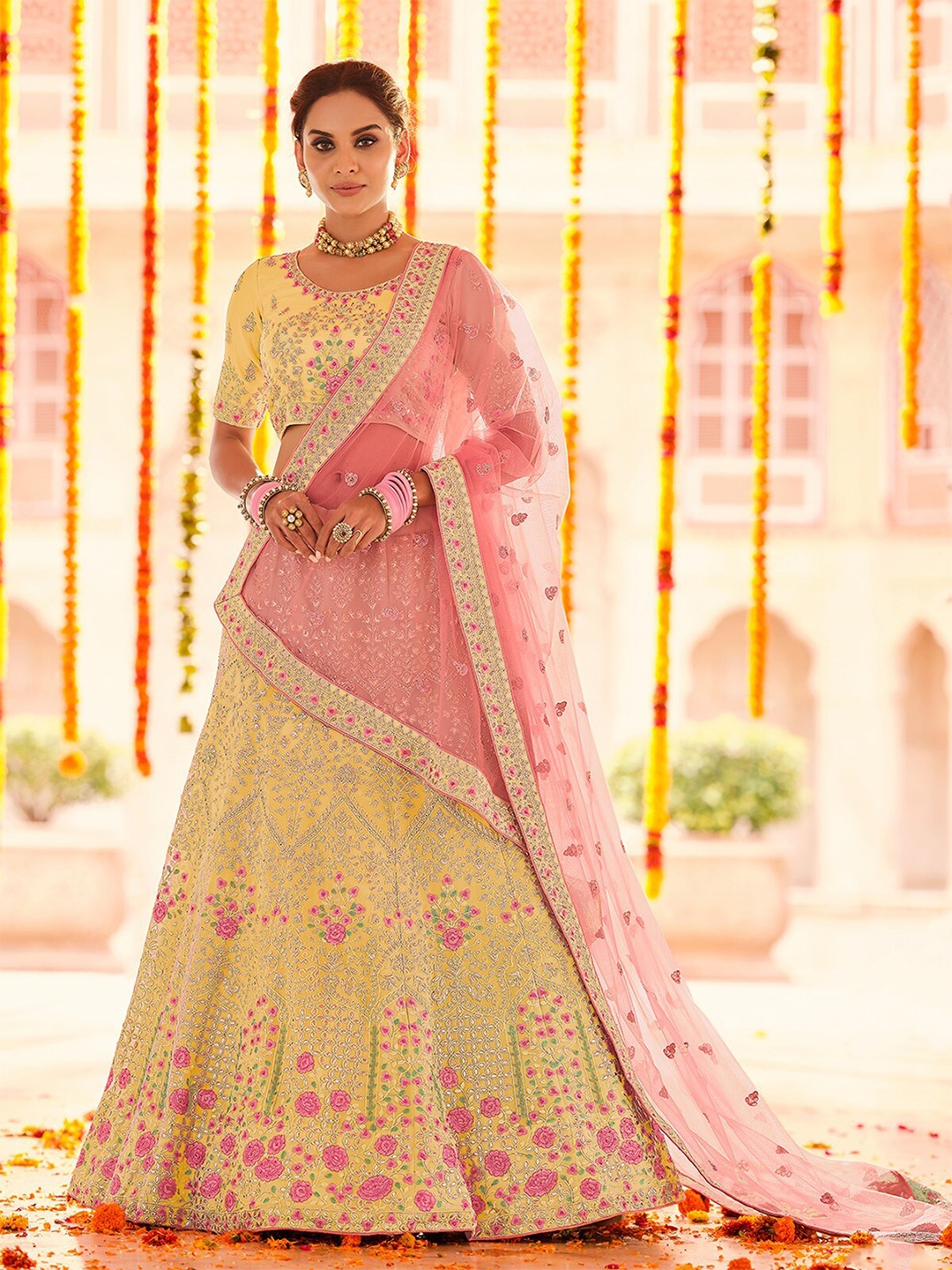 

ODETTE Embroidered Thread Work Semi-Stitched Lehenga & Unstitched Blouse With Dupatta, Yellow