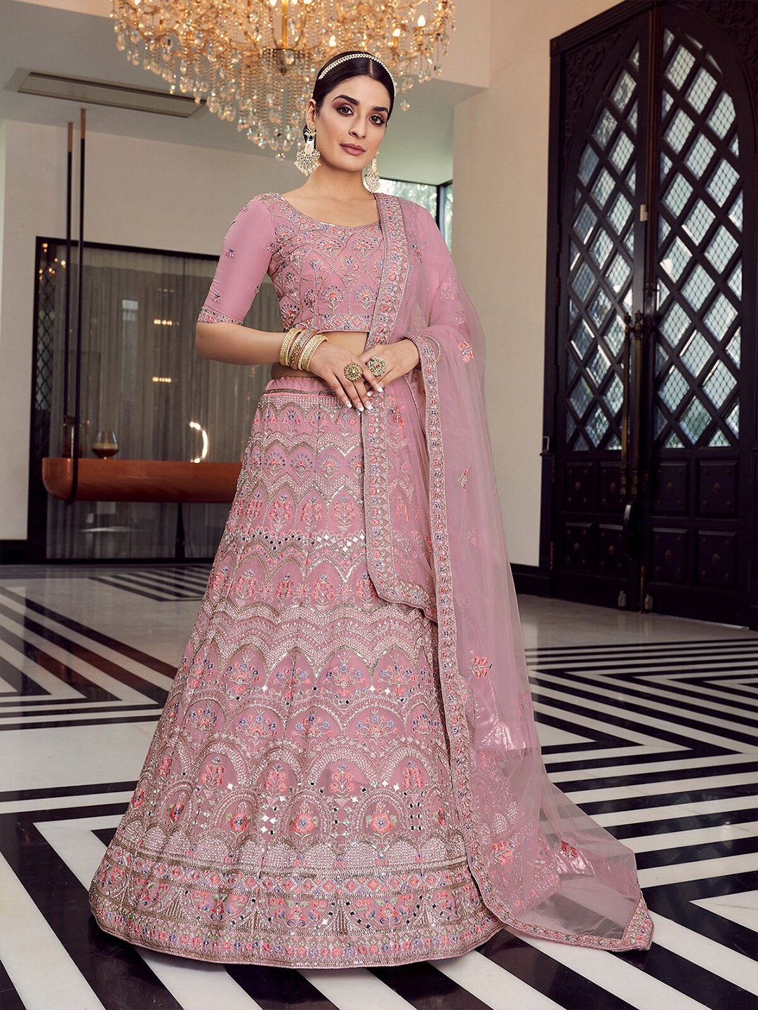 

ODETTE Pink & Purple Embroidered Thread Work Semi-Stitched Lehenga & Unstitched Blouse With Dupatta