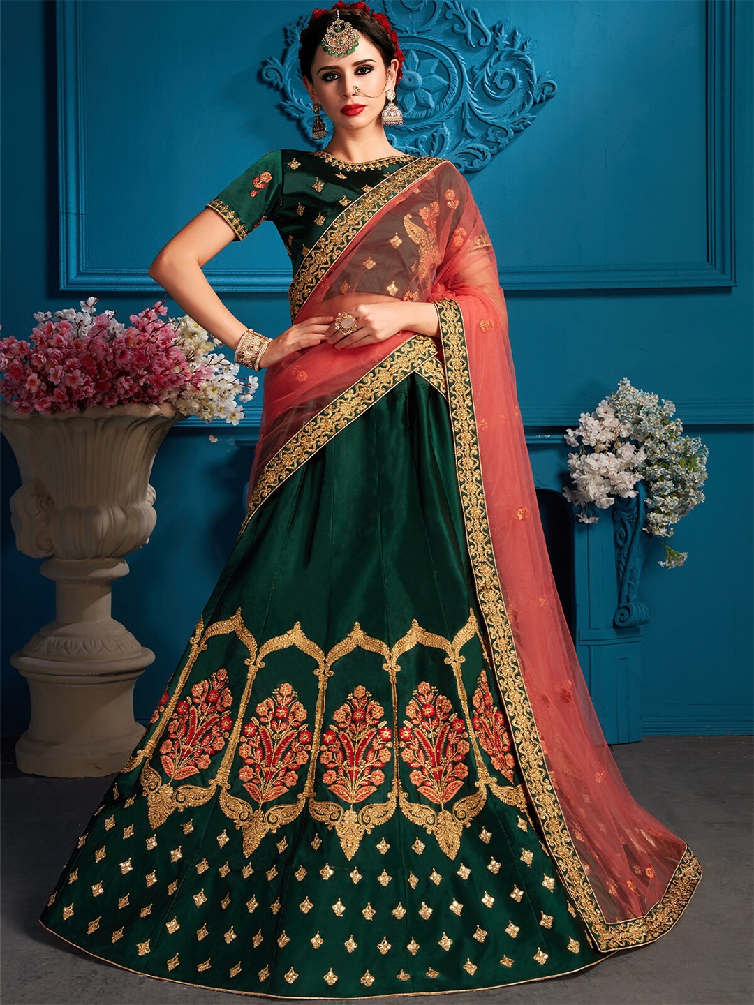 

ODETTE Embroidered Semi-Stitched Lehenga & Unstitched Blouse With Dupatta, Green