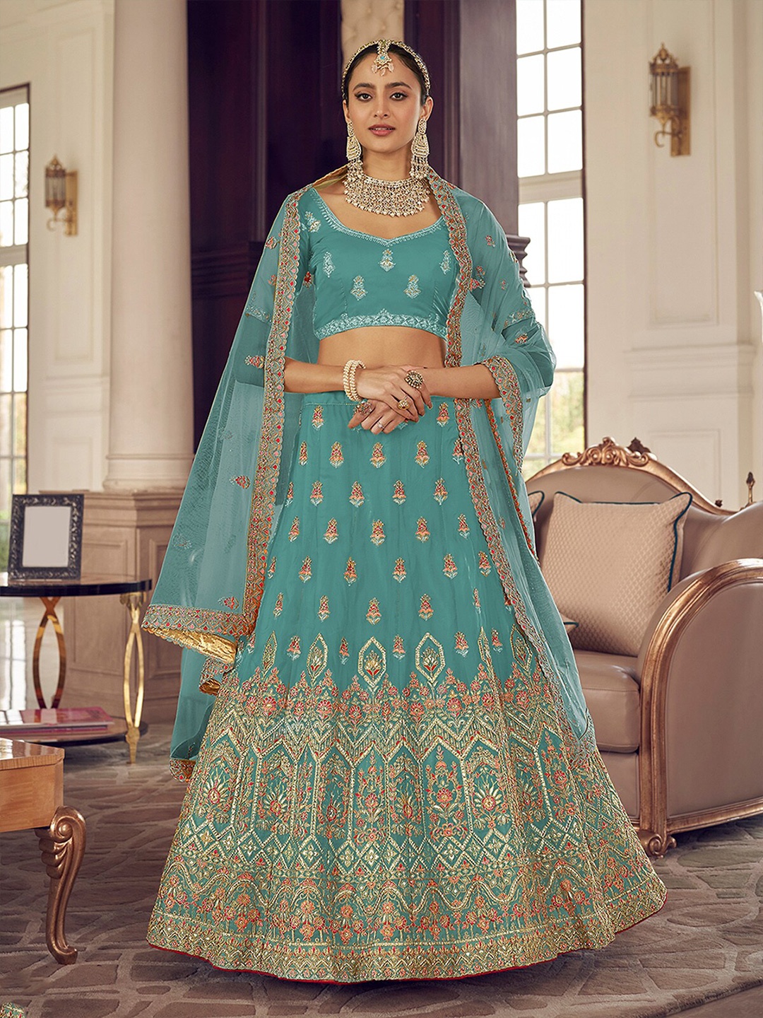 

ODETTE Embroidered Thread Work Semi-Stitched Lehenga & Unstitched Blouse With Dupatta, Blue