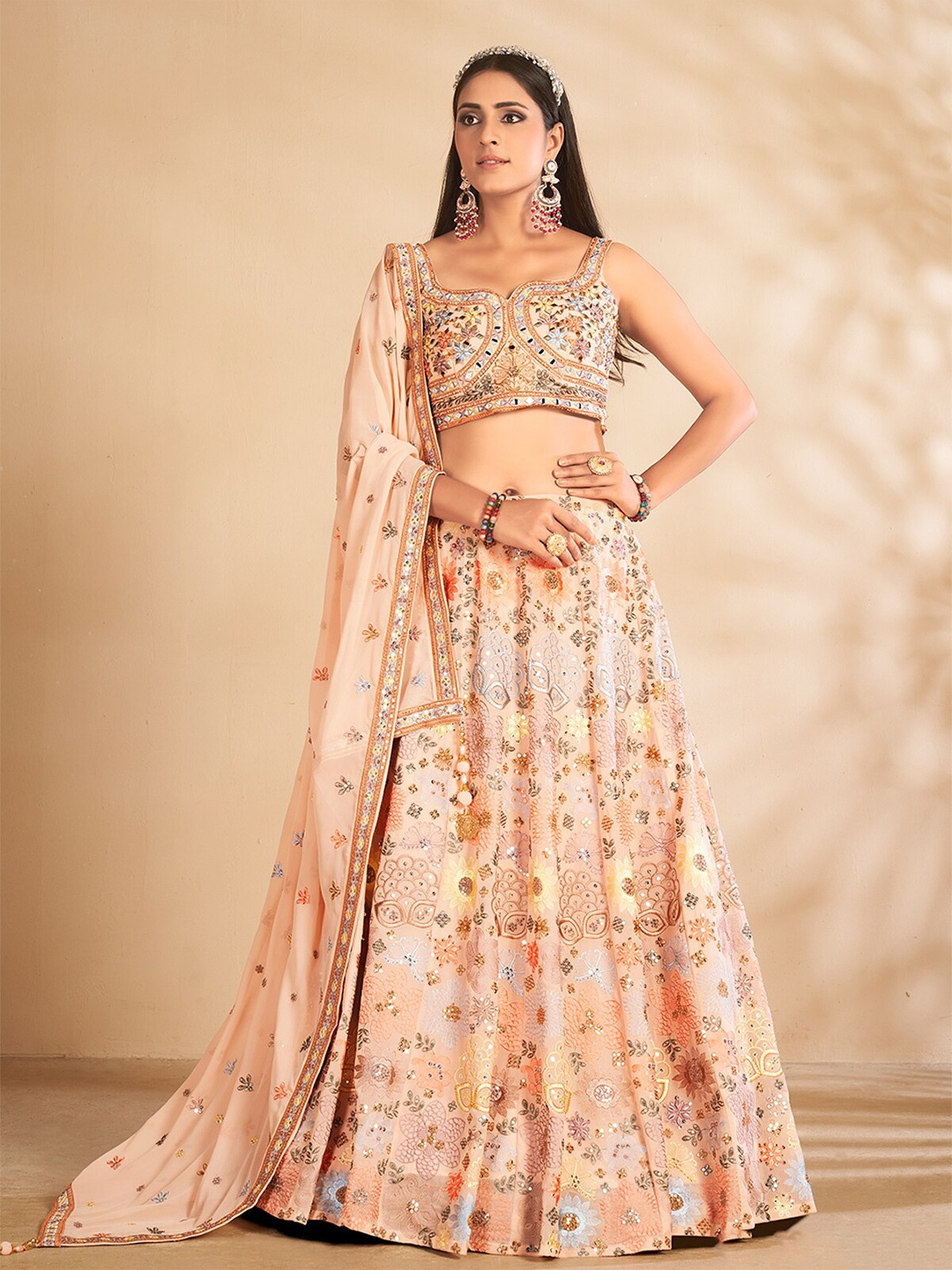 

ODETTE Peach-Coloured Printed Semi-Stitched Lehenga & Unstitched Blouse With Dupatta