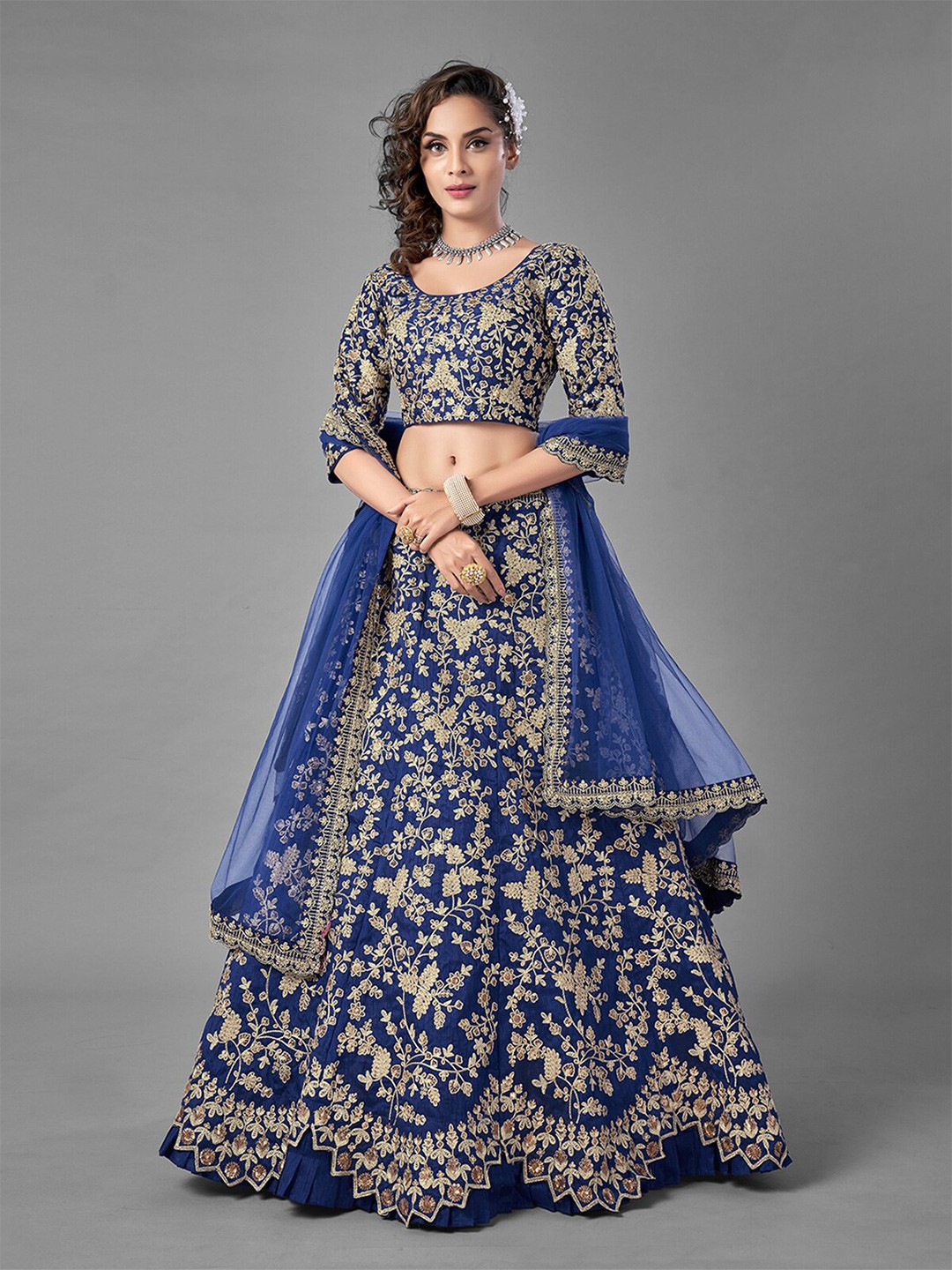 

ODETTE Blue Embellished Semi-Stitched Lehenga & Unstitched Blouse With Dupatta