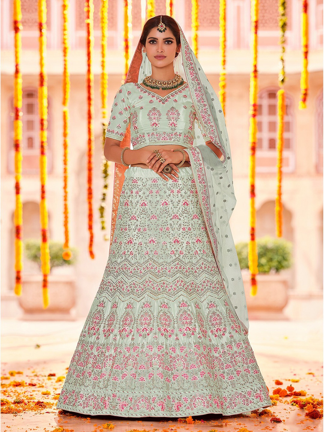 

ODETTE Green Embroidered Semi-Stitched Lehenga & Unstitched Blouse With Dupatta