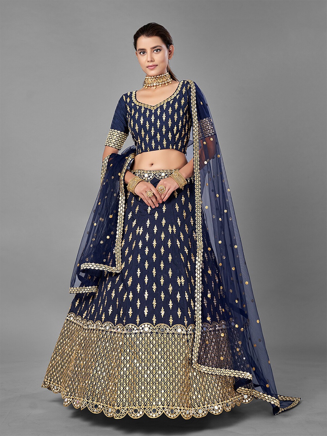 

ODETTE Embroidered Semi-Stitched Lehenga & Unstitched Blouse With Dupatta, Blue