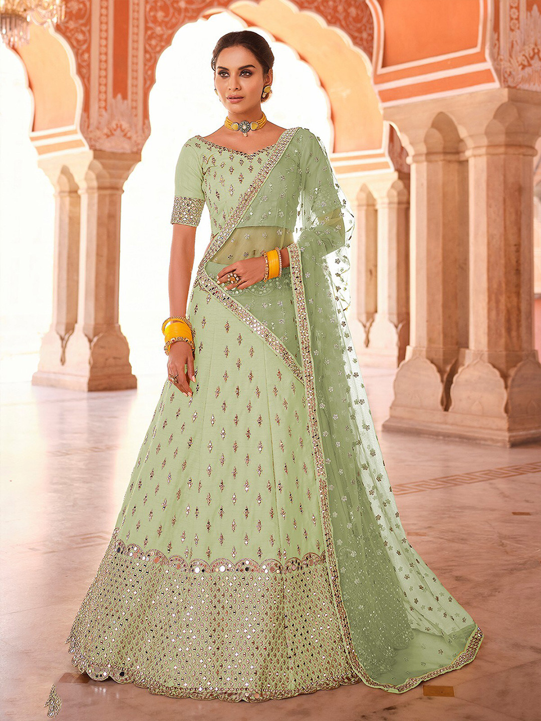 

ODETTE Green & Gold-Toned Embroidered Mirror Work Semi-Stitched Lehenga & Unstitched Blouse With Dupatta