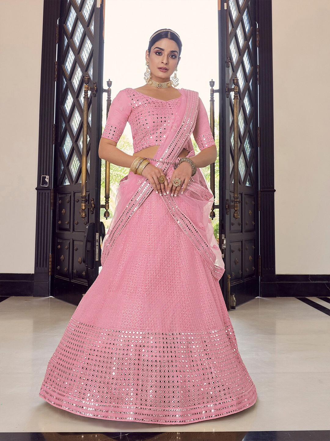 

ODETTE Pink Embellished Mirror Work Semi-Stitched Lehenga & Unstitched Blouse With Dupatta