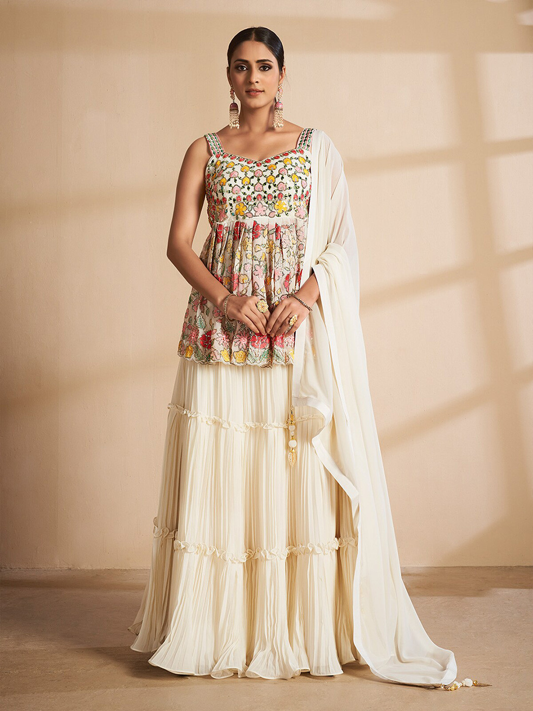 

ODETTE Embroidered Embellished Semi-Stitched Lehenga & Unstitched Blouse With Dupatta, Off white
