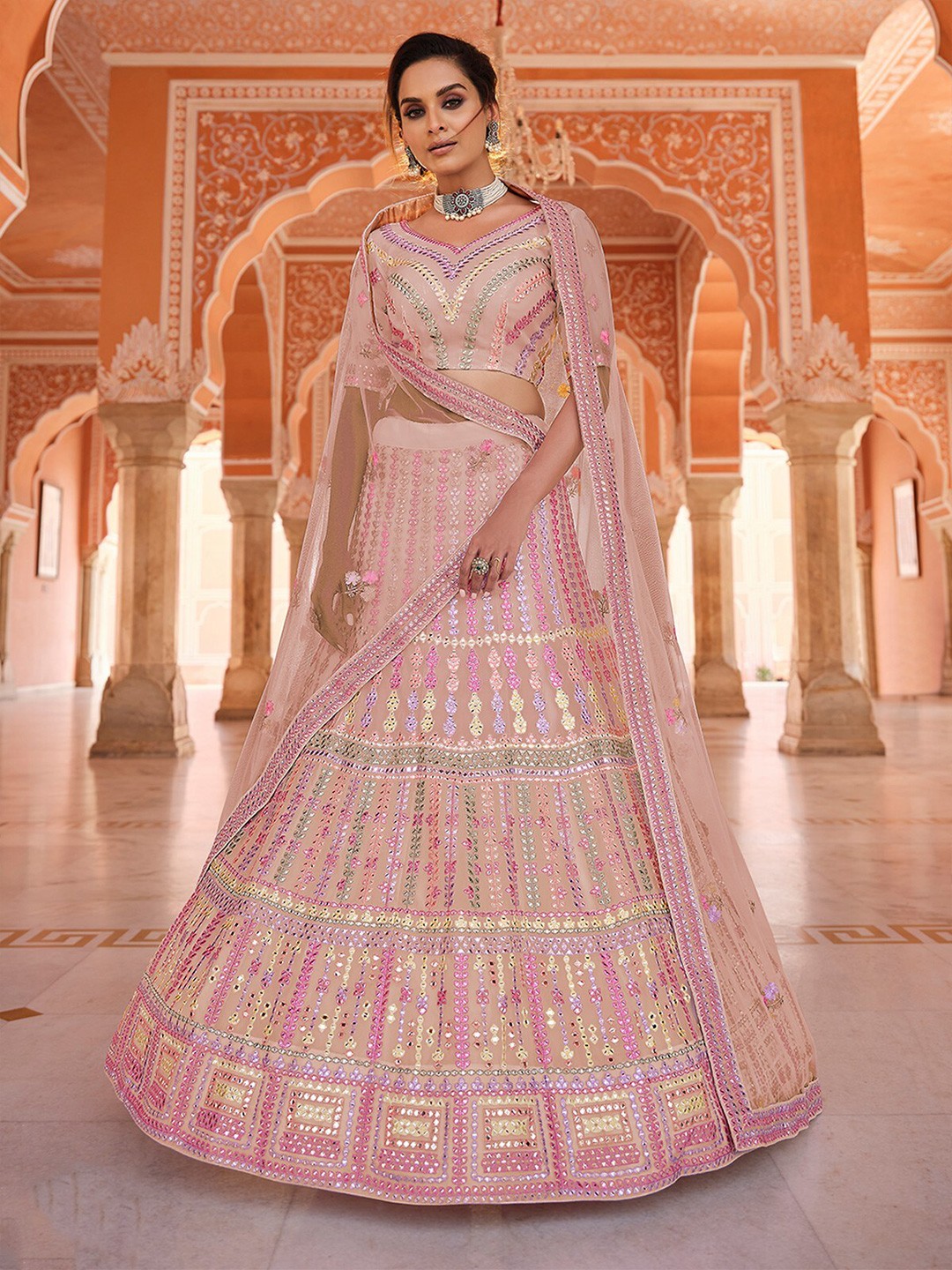 

ODETTE Pink & Green Embroidered Mirror Work Semi-Stitched Lehenga & Unstitched Blouse With Dupatta