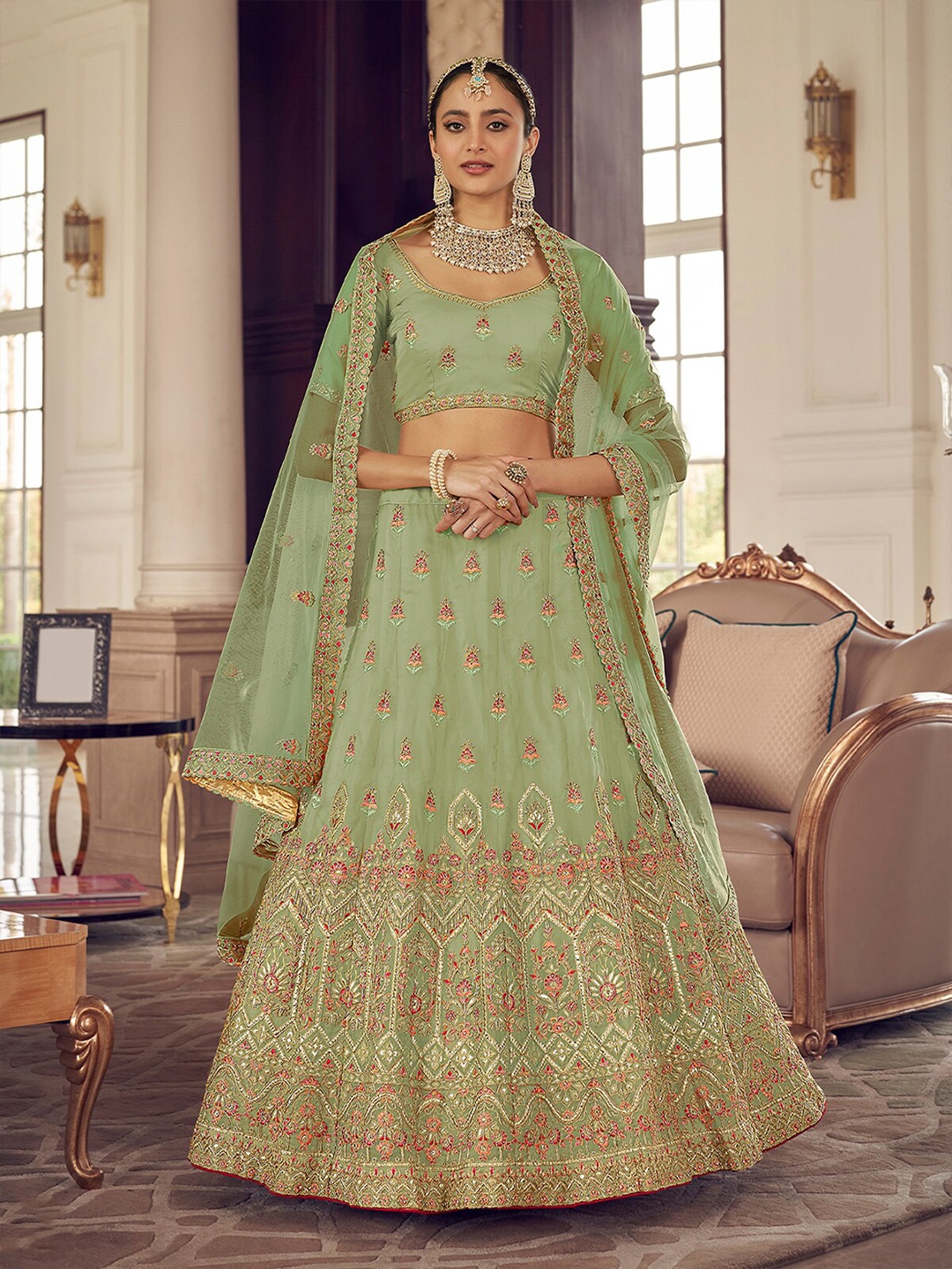 

ODETTE Green & Pink Embroidered Thread Work Semi-Stitched Lehenga & Unstitched Blouse With Dupatta
