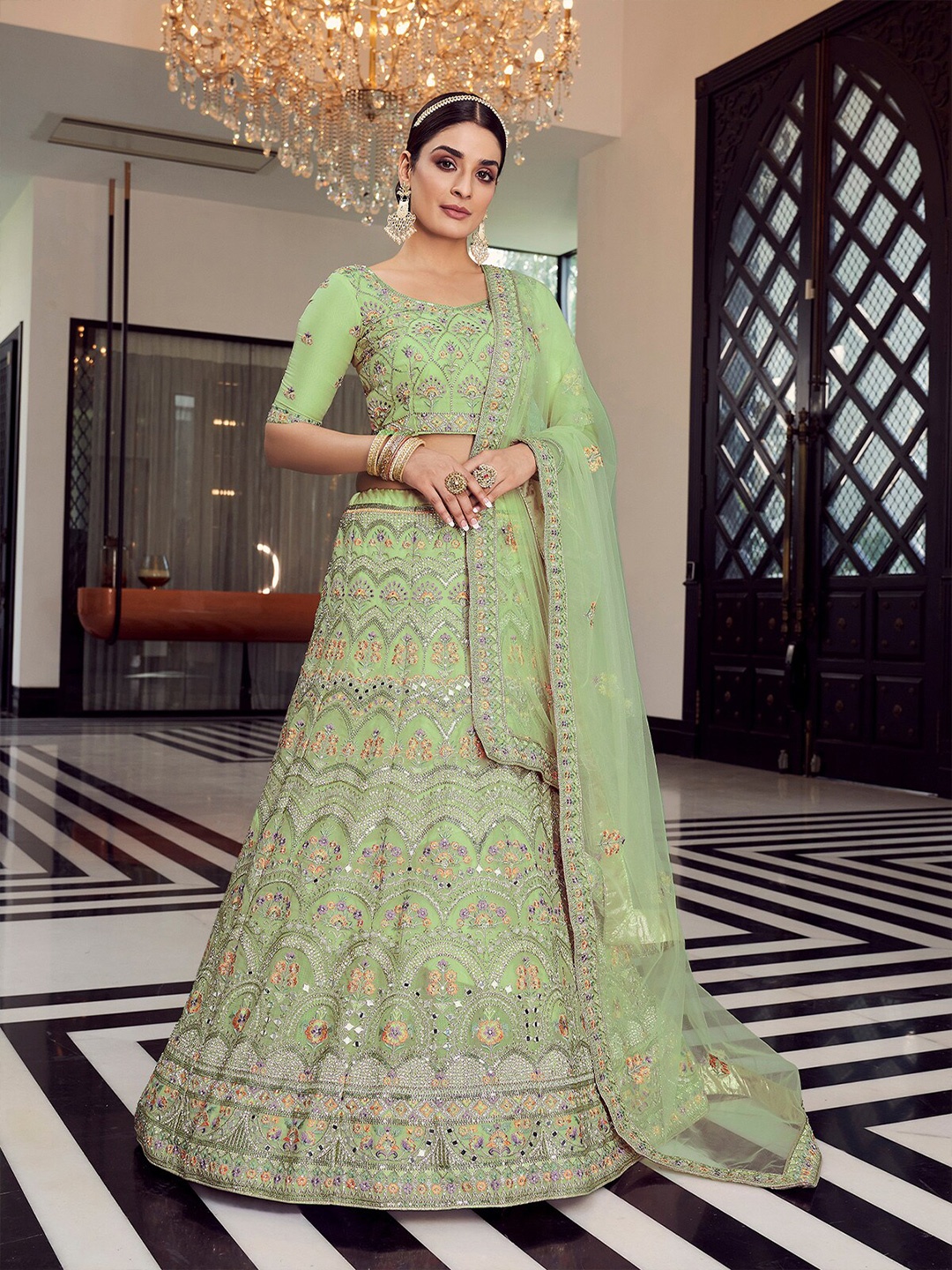 

ODETTE Green & Orange Embroidered Thread Work Semi-Stitched Lehenga & Unstitched Blouse With Dupatta