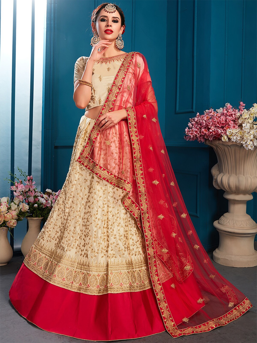 

ODETTE Beige & Red Embroidered Thread Work Semi-Stitched Lehenga & Unstitched Blouse With Dupatta