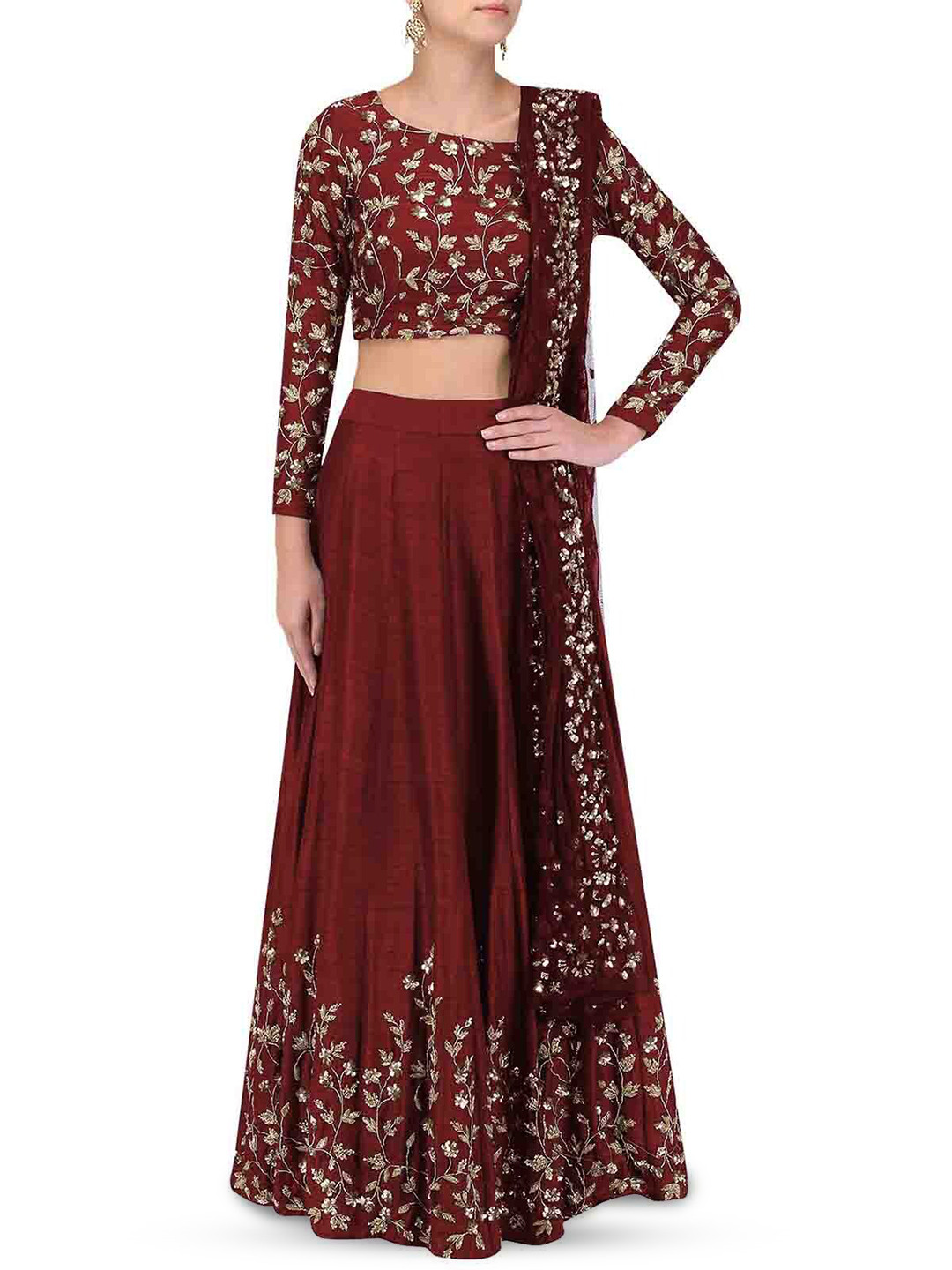 

ODETTE Embroidered Thread Work Semi-Stitched Lehenga & Unstitched Blouse With Dupatta, Maroon