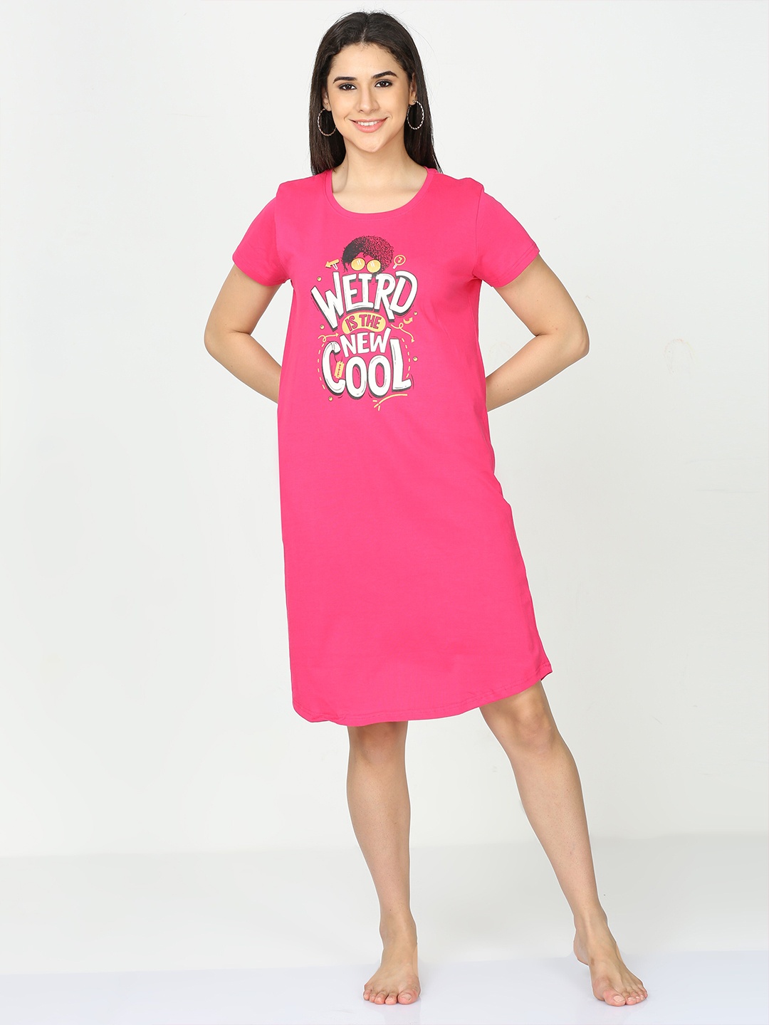 

9shines Label Hosiery Cotton Graphic Printed Short Nightdress, Pink