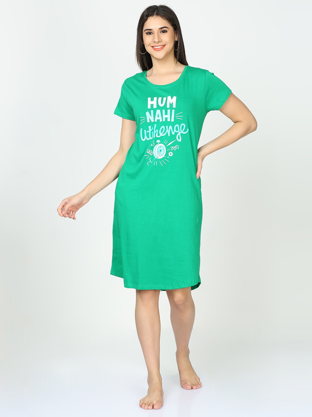 

9shines Label Hosiery Cotton Graphic Printed Short Nightdress, Green