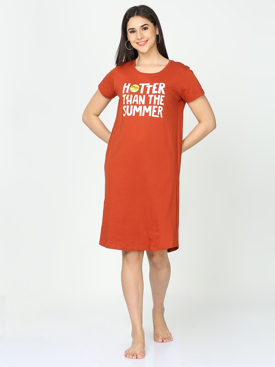 

9shines Label Women Hosiery Cotton Graphic Printed Short Nightdress, Orange