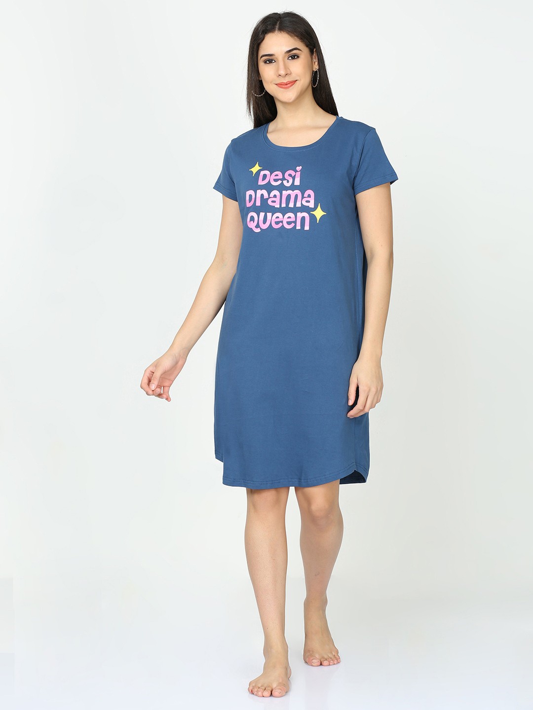 

9shines Hosiery Cotton Graphic Printed Short Nightdress, Blue