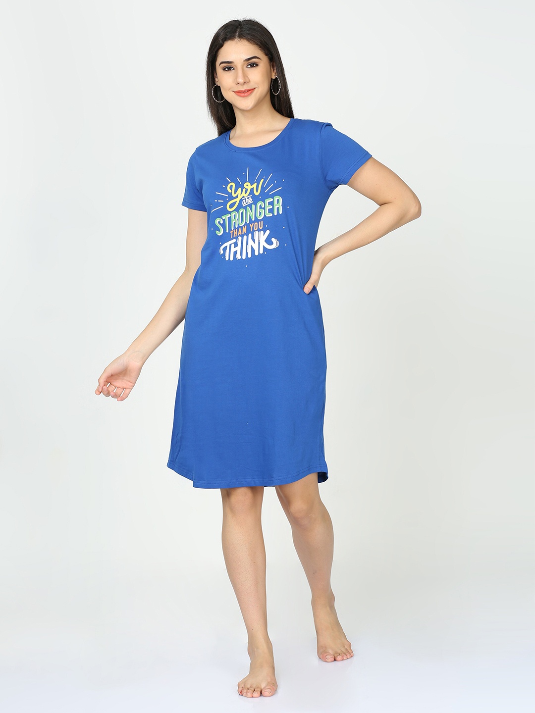 

9shines Label Hosiery Cotton Graphic Printed Short Nightdress, Blue