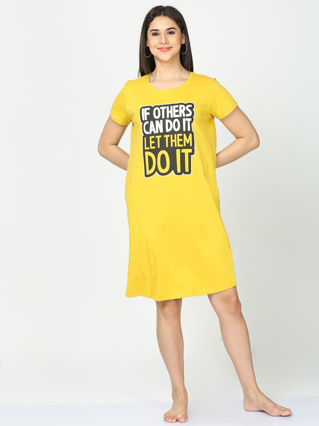 

9shines Label Women Hosiery Cotton Graphic Printed Short Nightdress, Yellow
