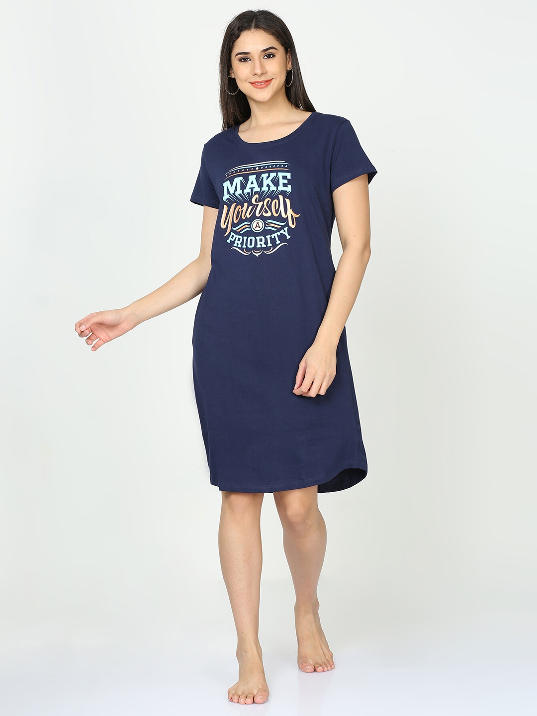 

9shines Label Women Hosiery Cotton Graphic Printed Short Nightdress, Navy blue