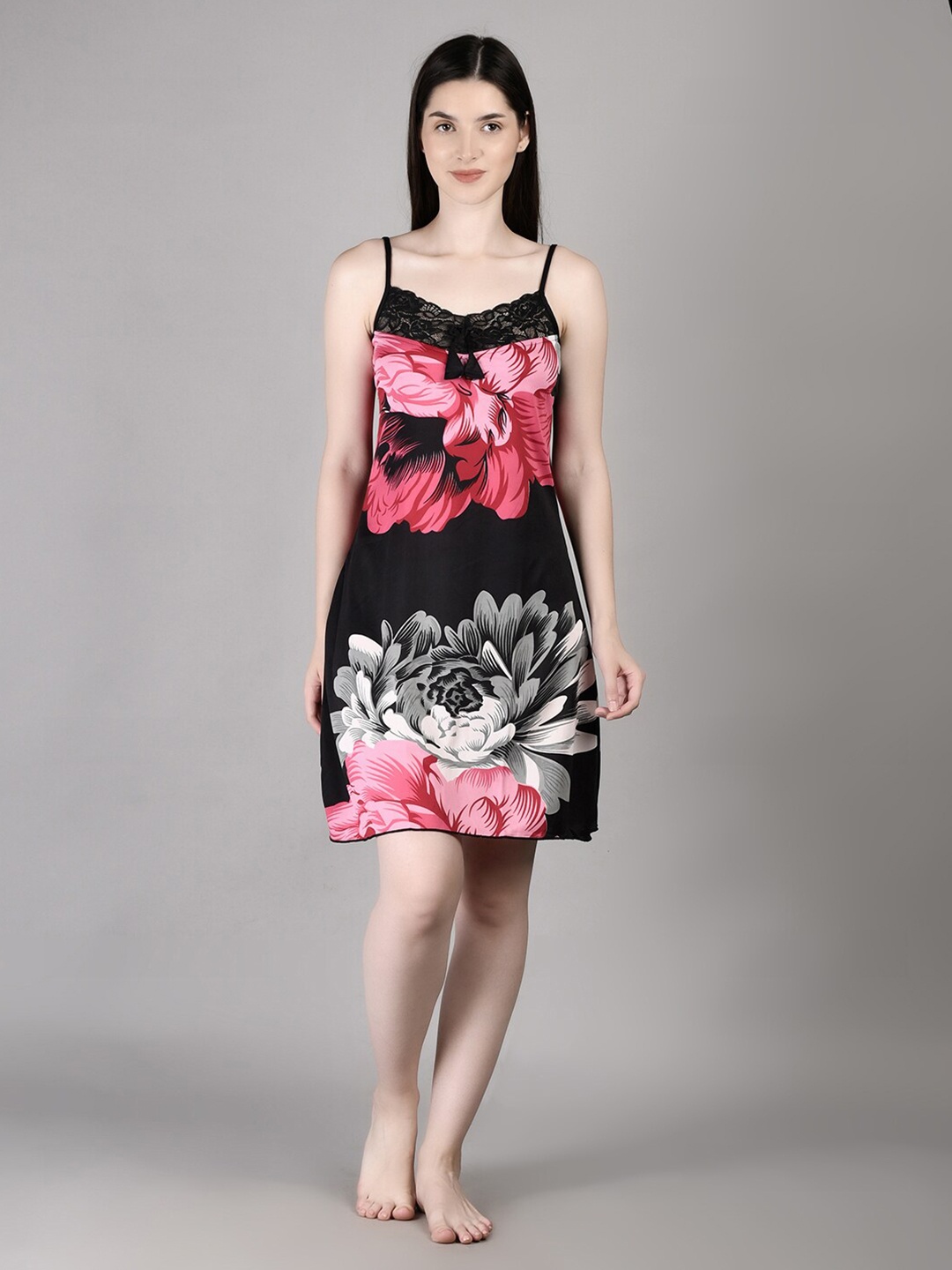 

Noty Floral Printed Lace Work Shoulder Straps Nightdress, Black