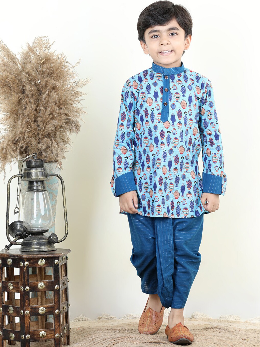 

Kinder Kids Boys Conversational Printed Pure Cotton Kurta with Dhoti Pants, Blue