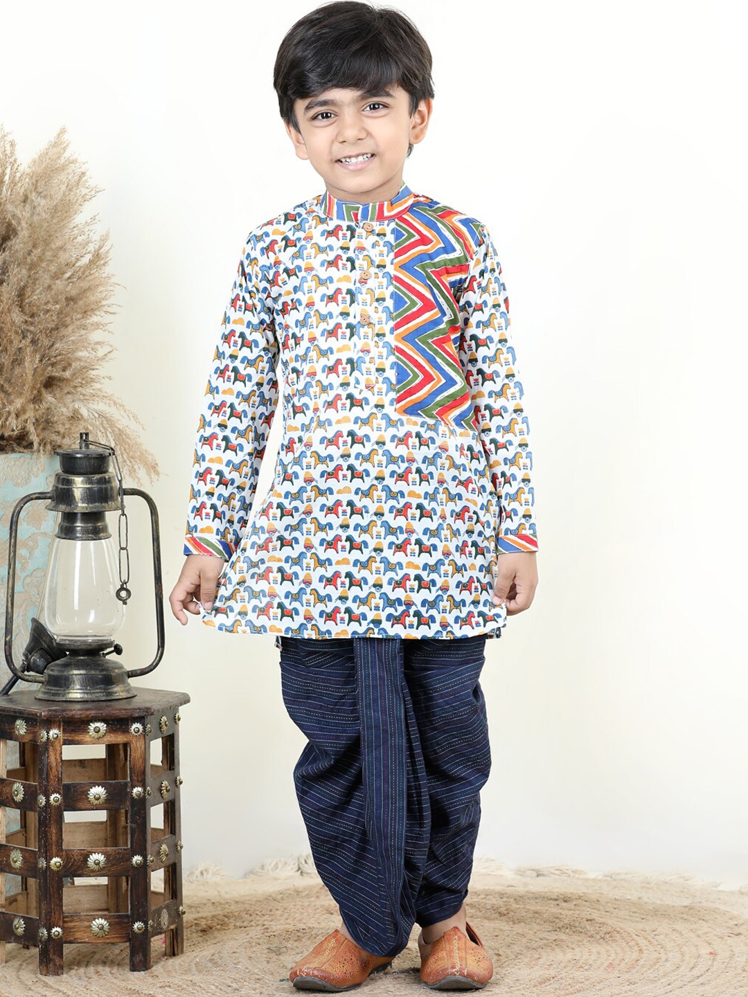 

Here&Now X Kinder Kids Boys Chevron Printed Pure Cotton Kurta with Dhoti Pants, Blue