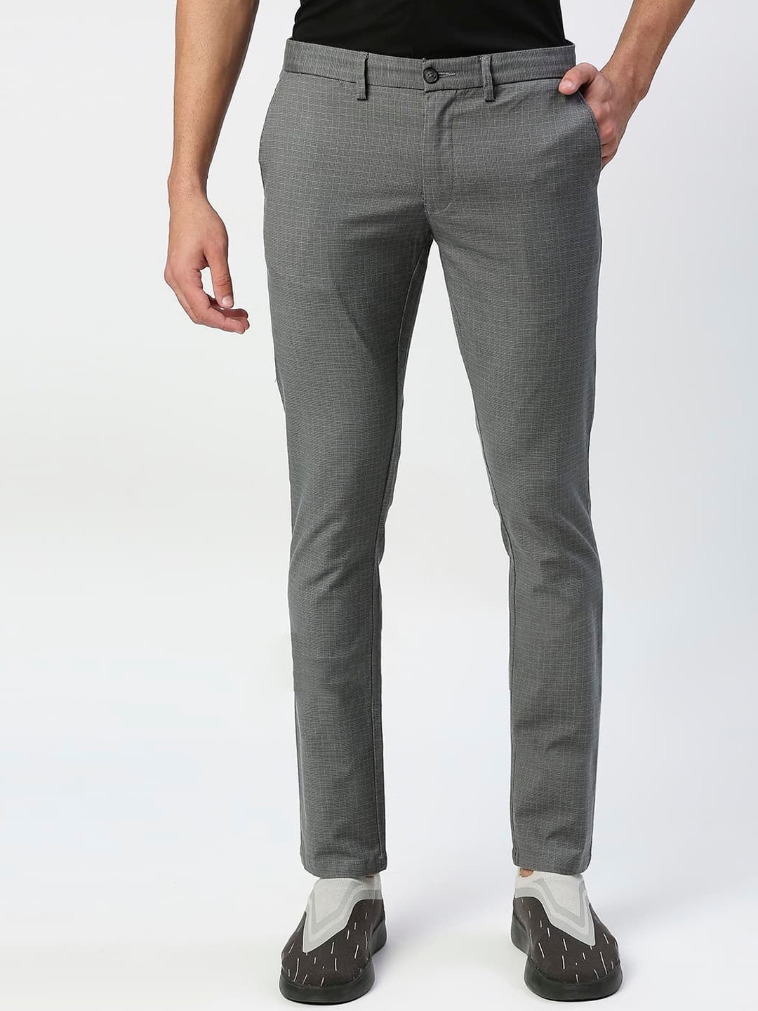 

Basics Men Checked Tapered Fit Mid-Rise Plain Cotton Trousers, Grey