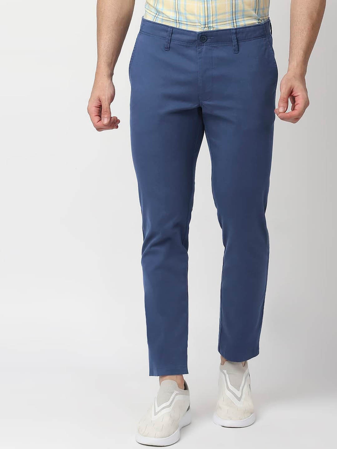 

Basics Men Tapered Fit Mid-Rise Plain Cotton Trousers, Navy blue