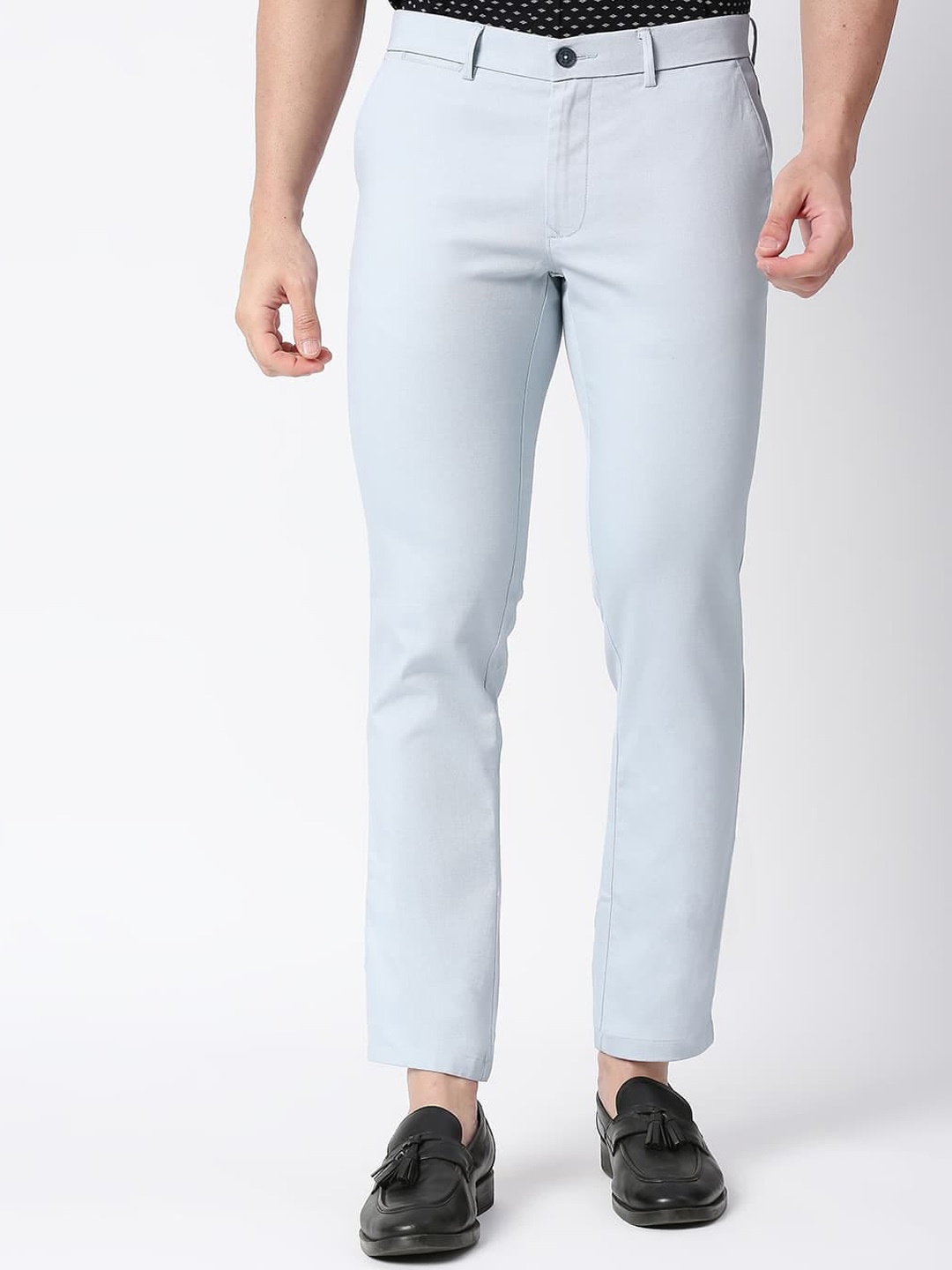 

Basics Men Tapered Fit Mid-Rise Plain Cotton Trousers, Blue