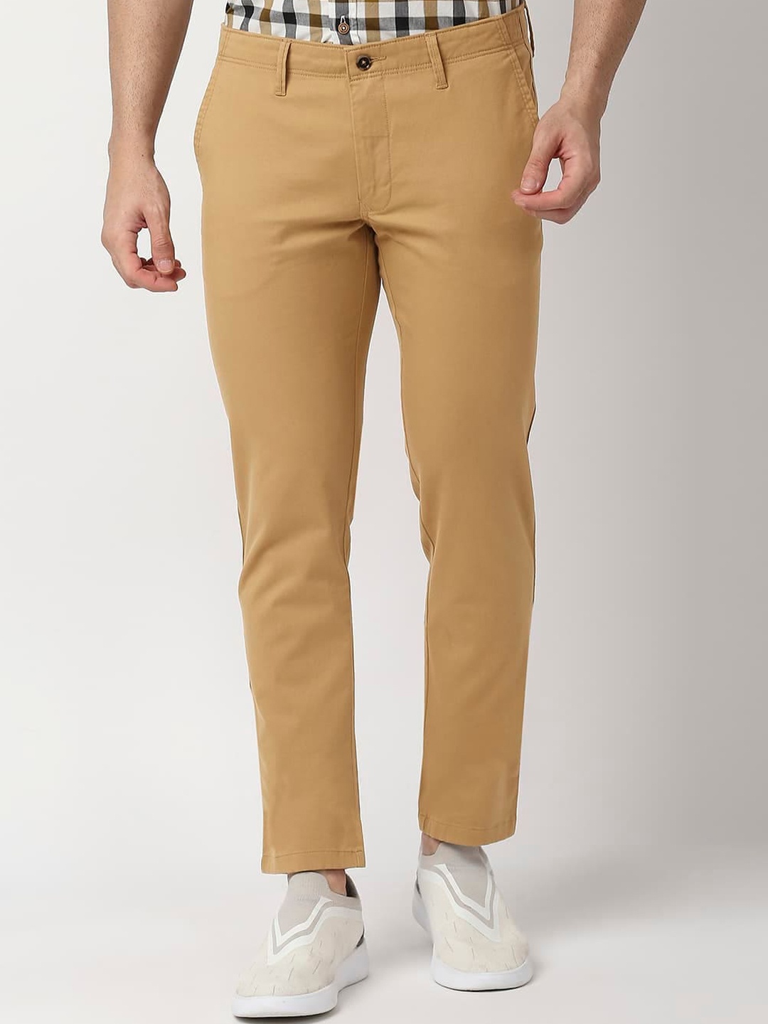 

Basics Men Tapered Fit Mid-Rise Plain Cotton Trousers, Khaki