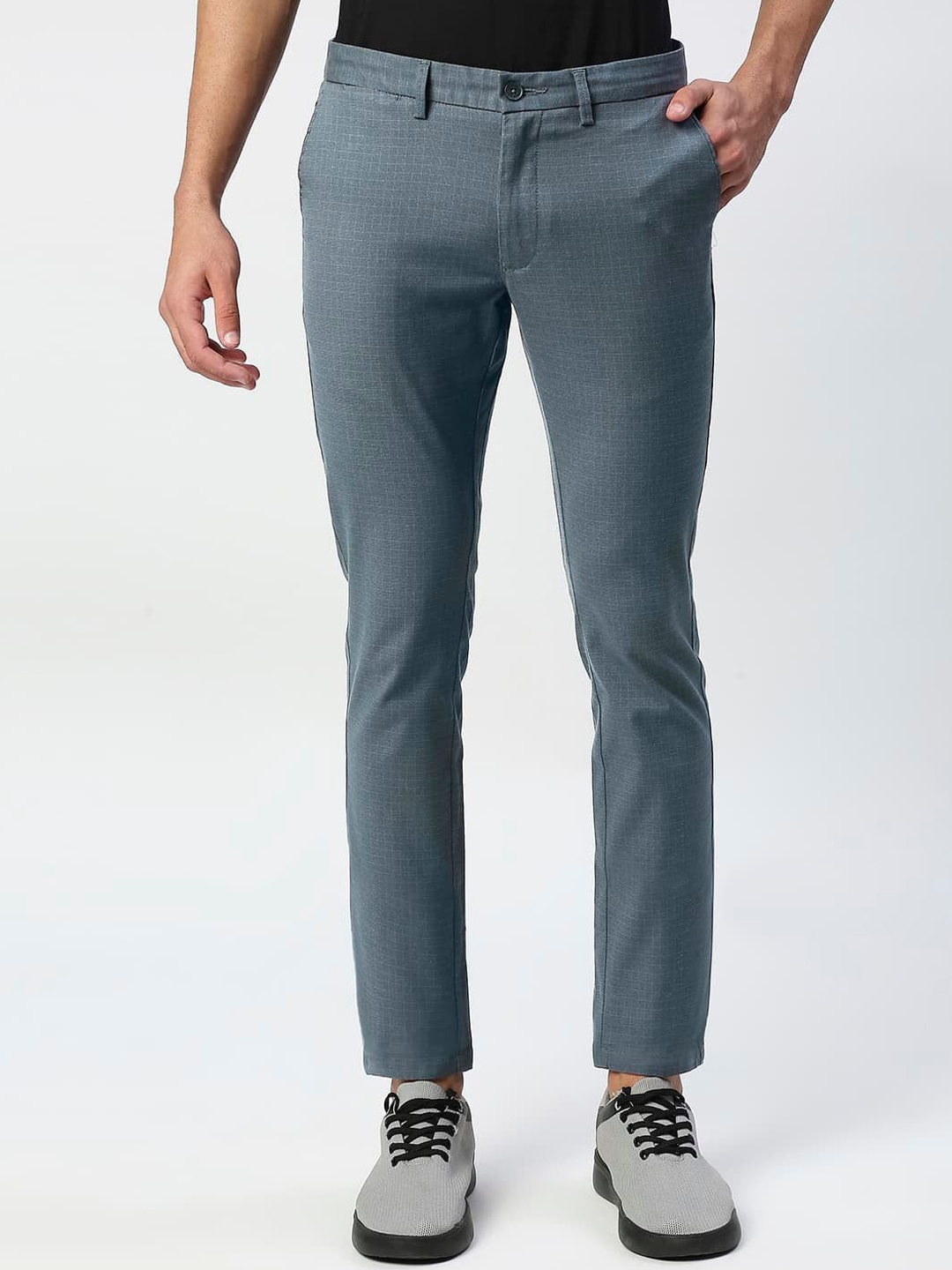 

Basics Men Mid Rise Checked Skinny Fit Cotton Chinos Trousers, Blue