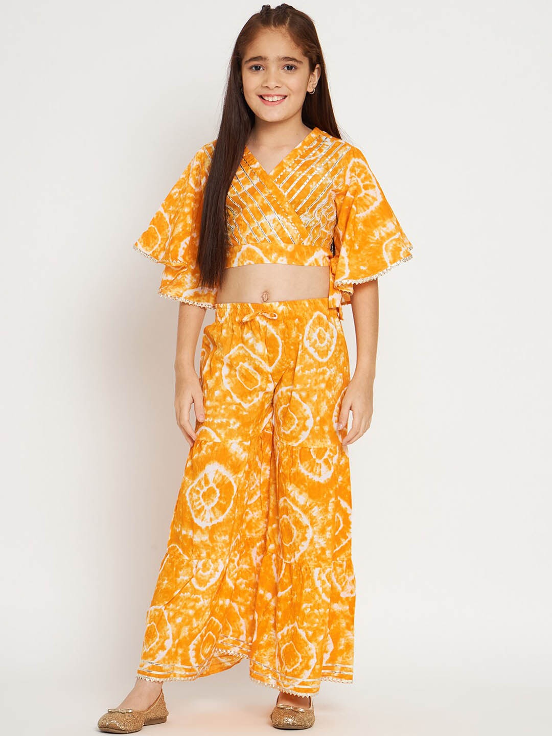 

Readiprint Fashions Girls Tie & Dyed Regular Gotta Patti Pure Cotton Top With Palazzos, Orange