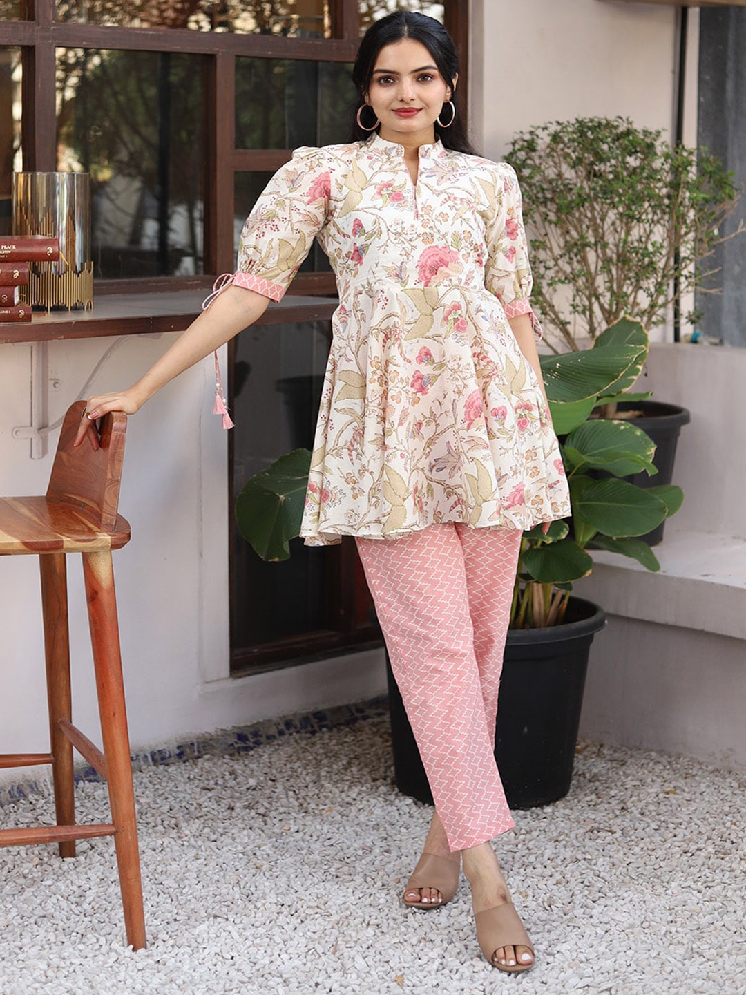 

WEAVLLITE Floral Printed Pure Cotton Tunic With Trousers, Cream