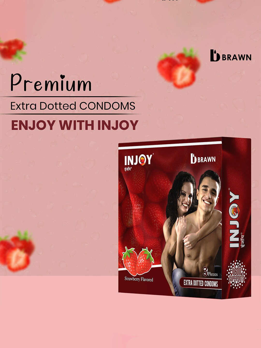 

INJOY Set Of 30 Ribbed & Dotted Lubricated Strawberry Flavored Condoms - 3Pcs Each, Red
