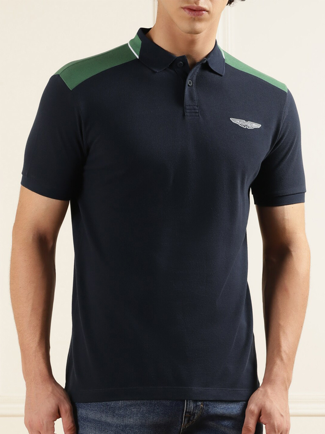 

HACKETT LONDON Colourblocked Polo Collar Cotton T-shirt, Navy blue