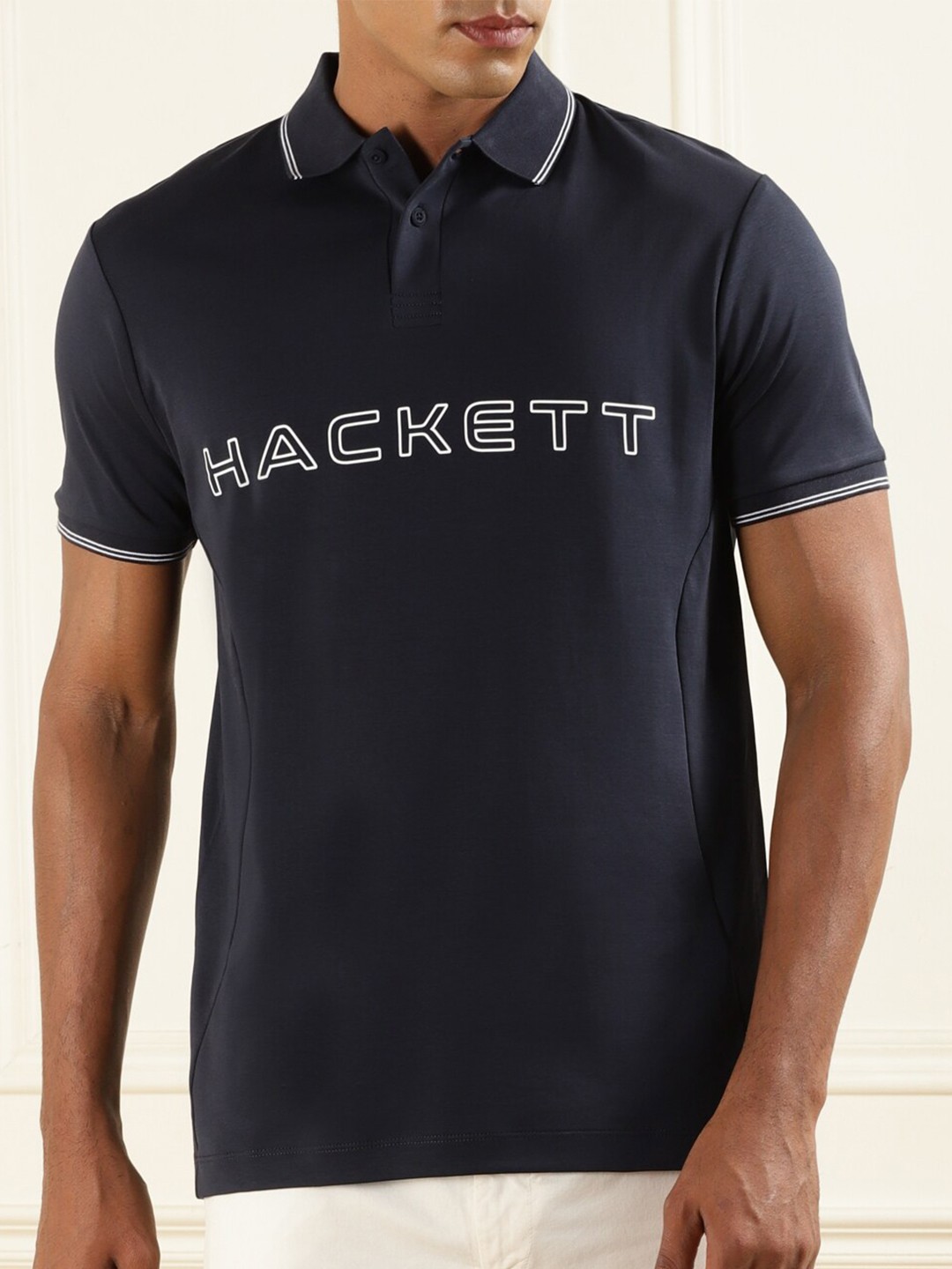 

HACKETT LONDON Typography Printed Polo Collar Cotton T-Shirt, Navy blue