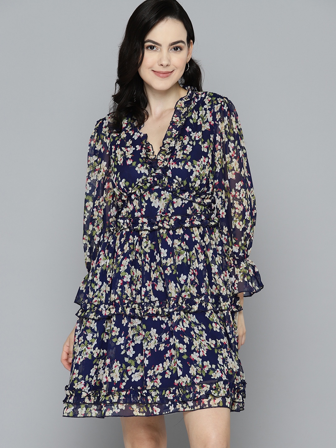 

Mast & Harbour Floral Print Puff Sleeve Georgette A-Line Dress, Navy blue