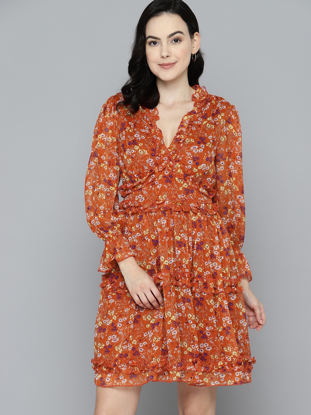 

Mast & Harbour Floral Print Puff Sleeve Ruffled Chiffon A-Line Dress, Orange