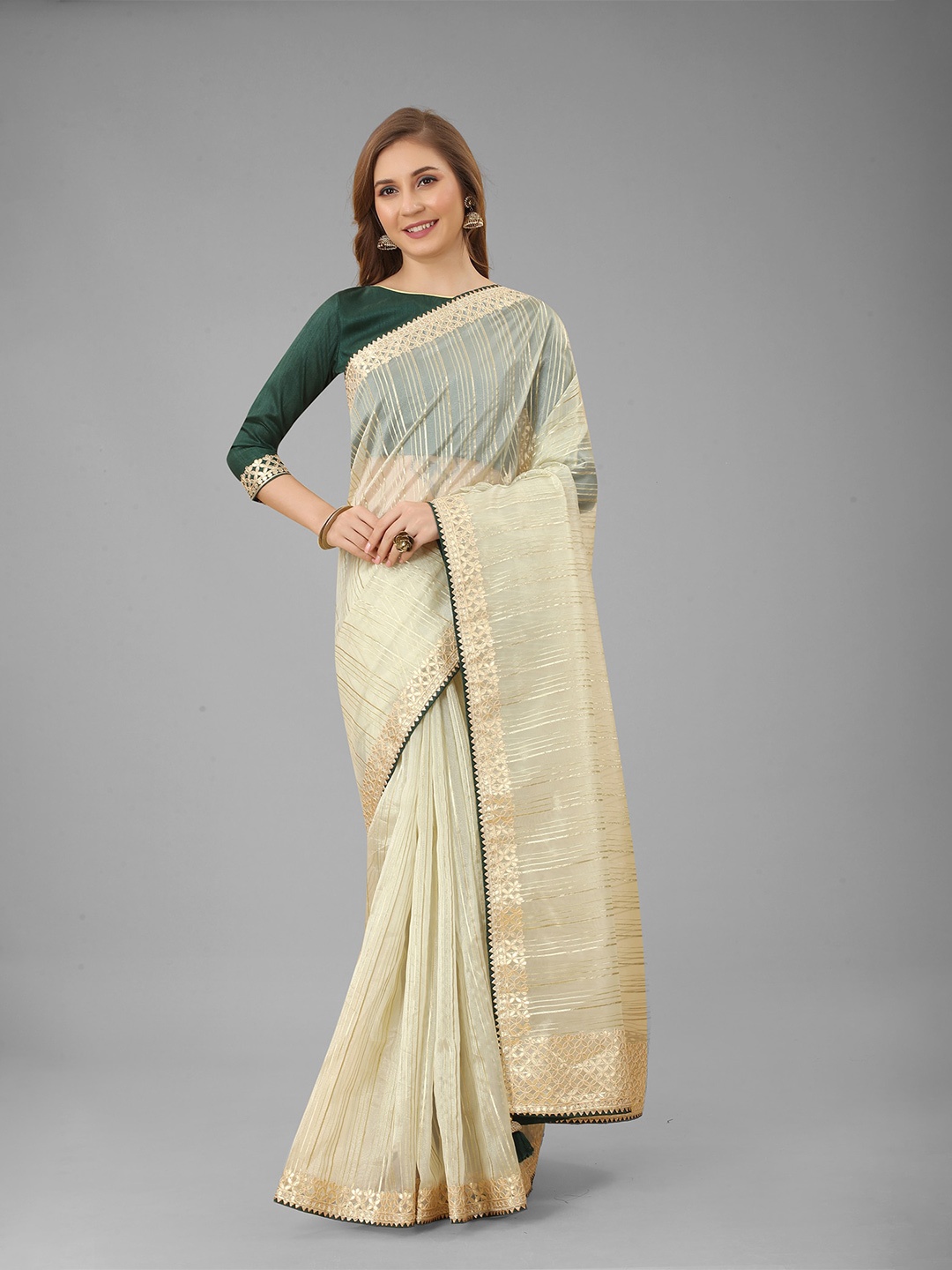 

N N ENTERPRISE Striped Woven Design Embroidered Net Saree, Cream