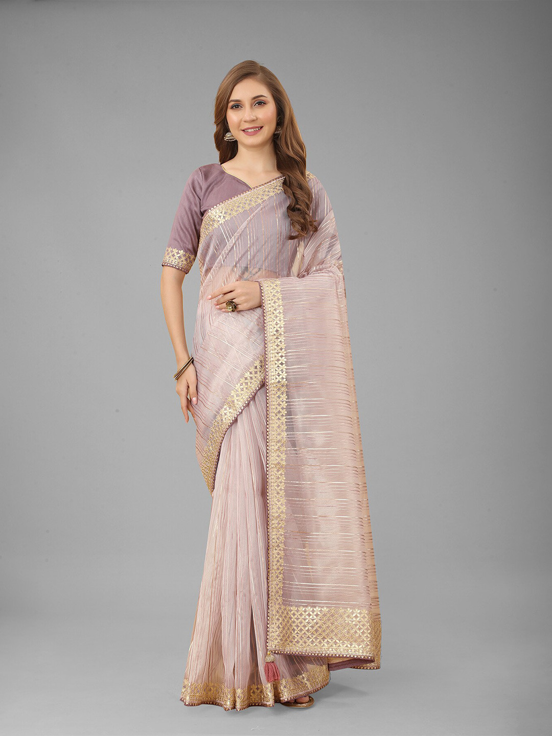 

N N ENTERPRISE Striped Woven Design Embroidered Net Saree, Purple
