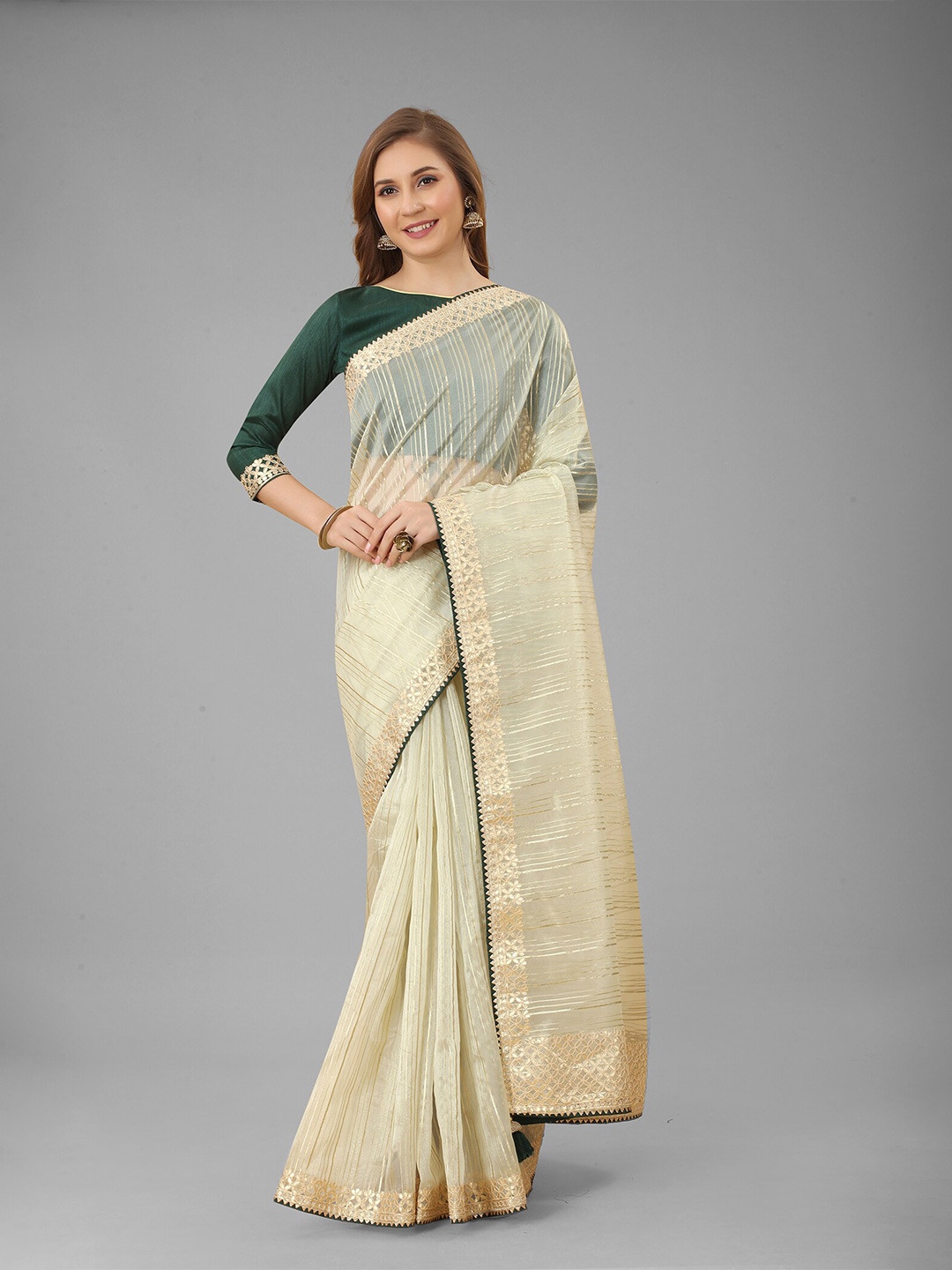 

N N ENTERPRISE Striped Woven Design Embroidered Net Saree, Olive