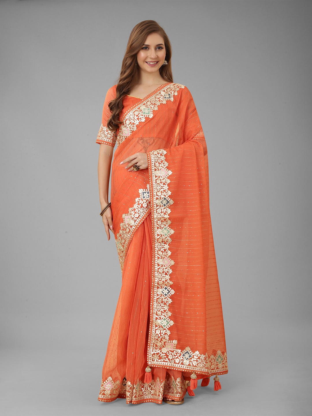 

N N ENTERPRISE Embellished Embroidered Net Saree, Orange