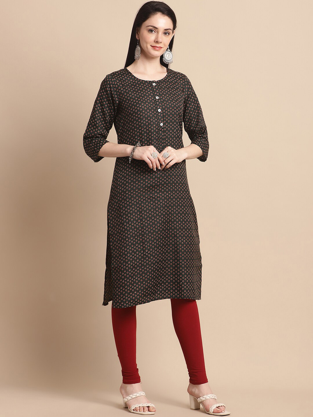 

Anouk Olive Green Ethnic Motifs Printed Pure Cotton Kurta