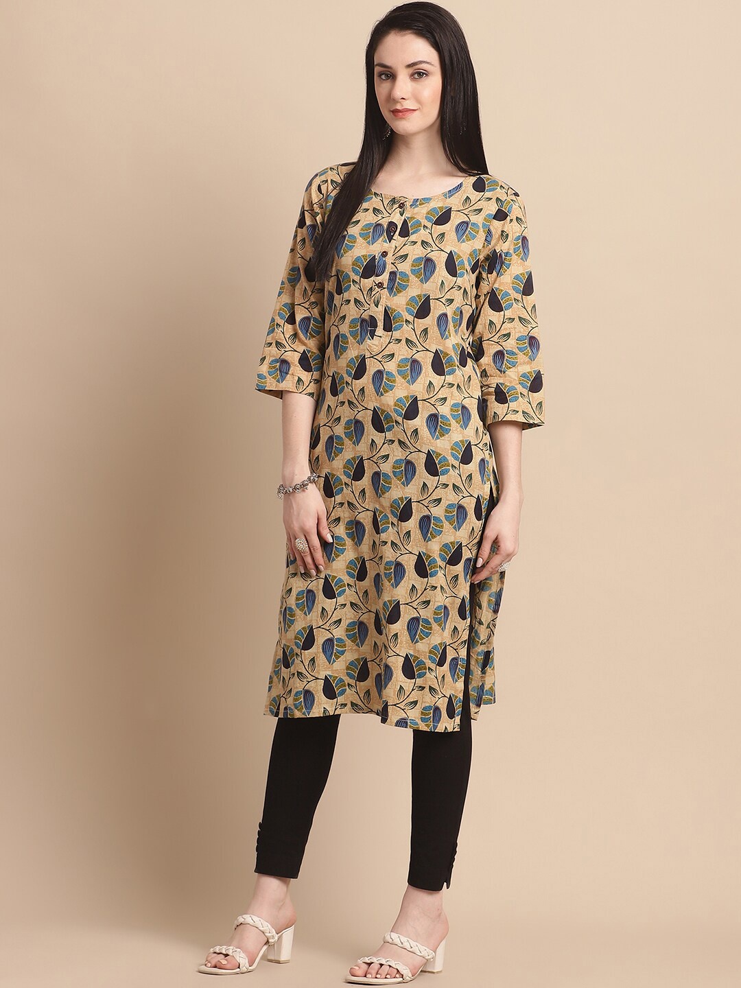 

Anouk Beige Floral Printed Pure Cotton Kurta