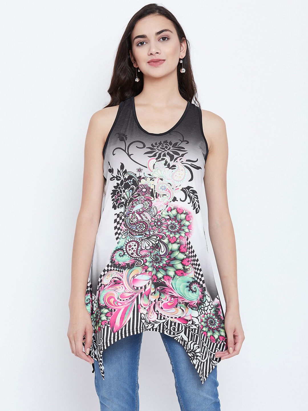 

Camey Ethnic Motifs Printed Longline Regular Top, Black
