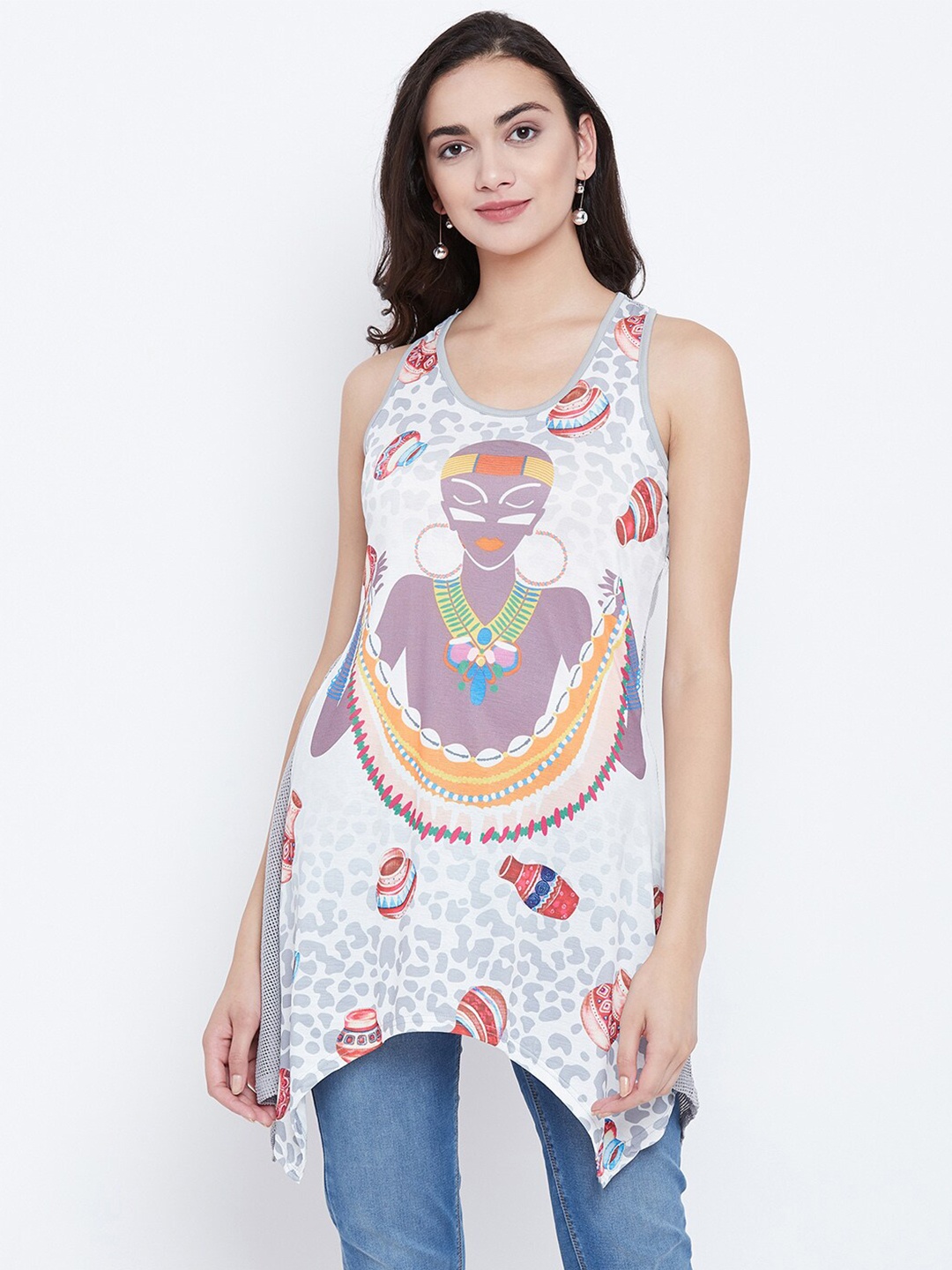 

Camey Printed Longline A-line Net Top, Grey