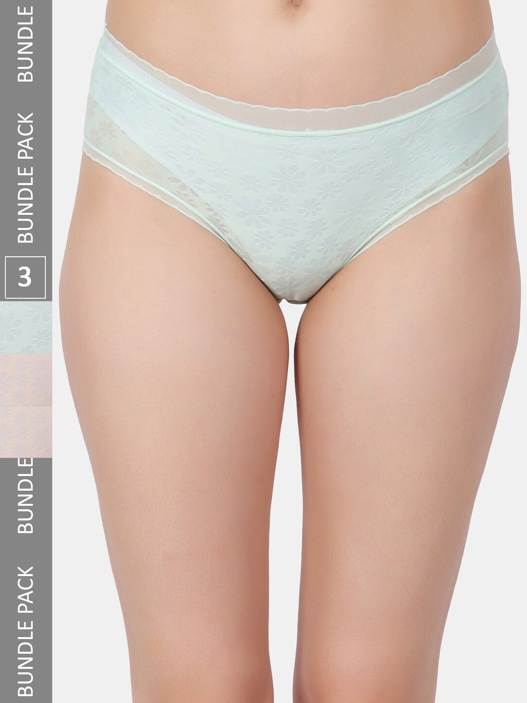 

Amour Secret Pack of 3 Self Design Lace Leak Proof Hipster Briefs P205N_Grn_Nud_Skn, Sea green