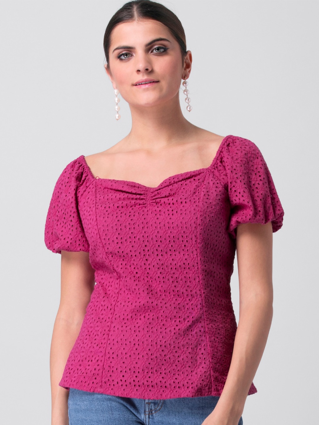 

FabAlley Pink Schiffli Sweetheart Neck Puff Sleeve Cotton Regular Top