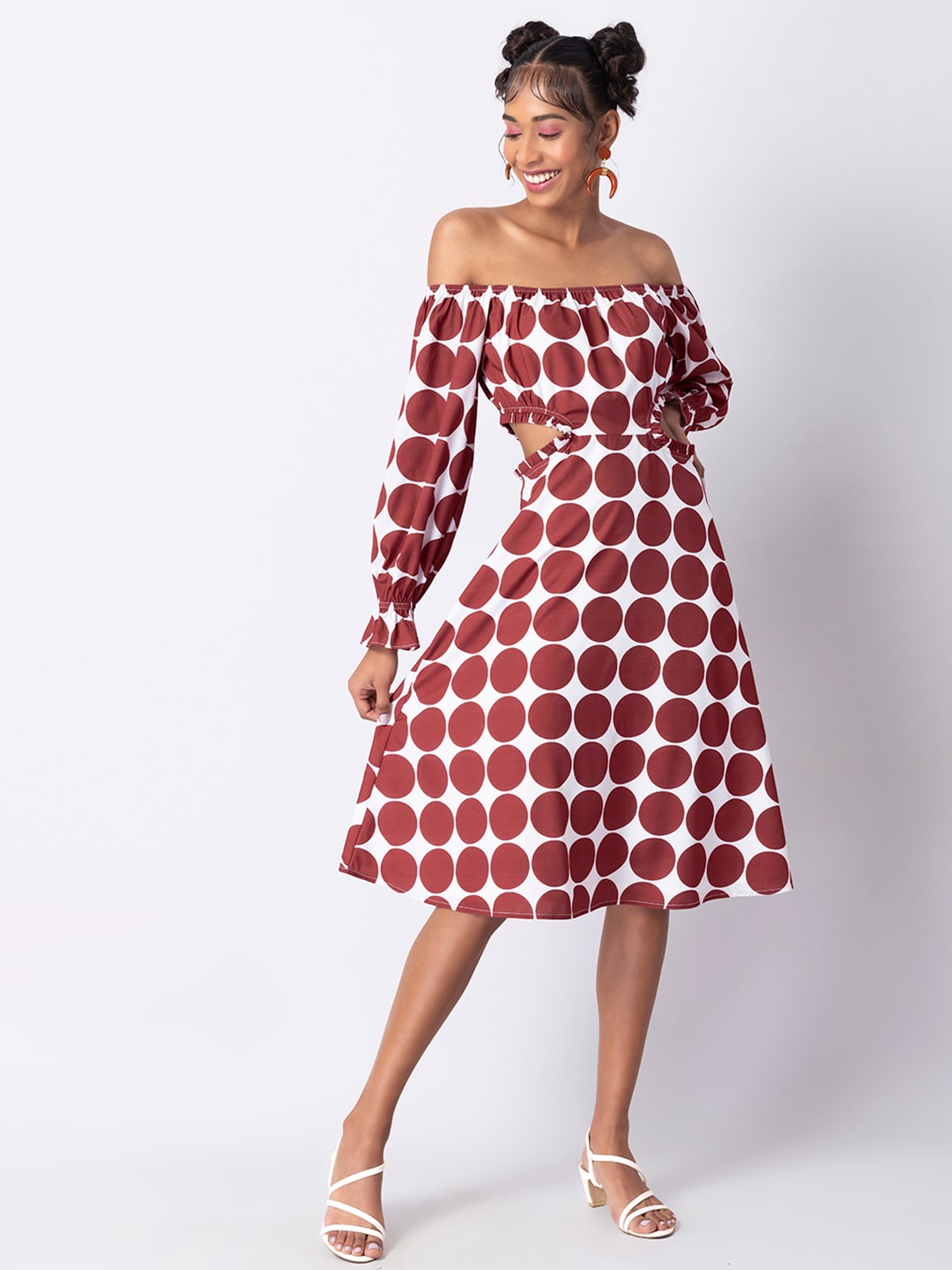 

FabAlley Maroon & White Cut-Out Detailed Polka Dot Printed Off-Shoulder Fit & Flare Dress